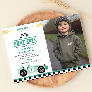 Fast One Race Car Boy 1. Geburtstag Party Foto Einladung