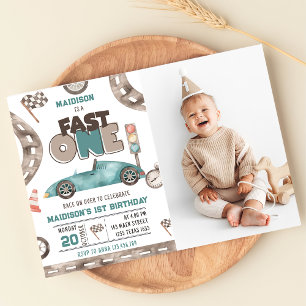 Fast One Race Car Boy 1. Geburtstag Party Foto Einladung
