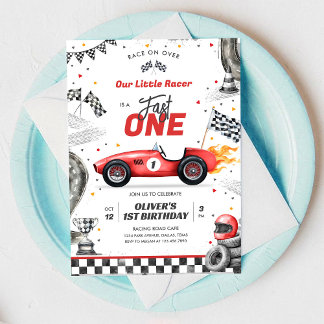Fast One Race Car Boy 1st Birthday Invitation Einladung