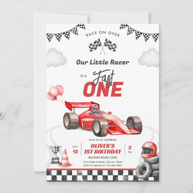Fast One Race Car Boy 1st Birthday Invitation Einladung (Vorderseite)