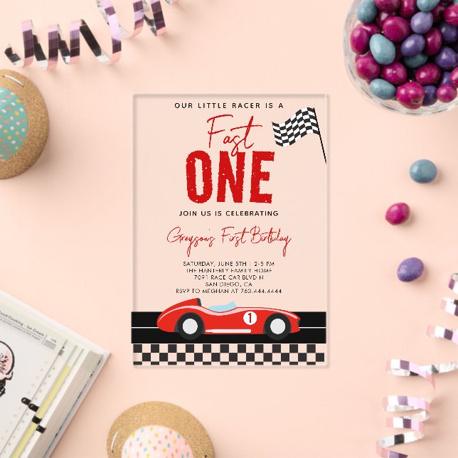 Fast One Race Car Boy 1st Birthday Party Acryleinladungen (Insitu (Feier))