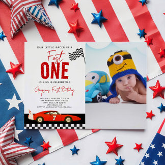 Fast One Race Car Boy Foto 1. Geburtstag Party Einladung