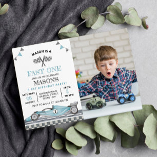 Fast One Race Car Foto Geburtstag Einladung