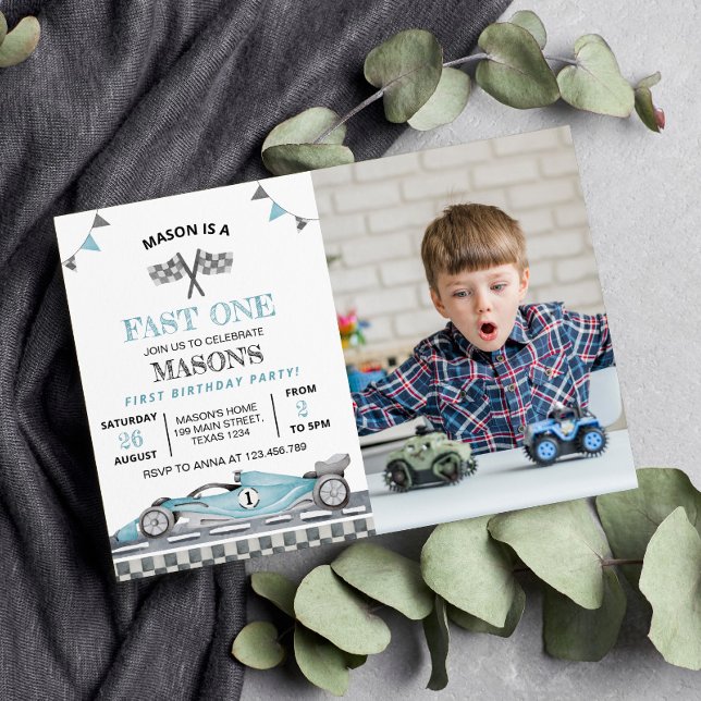 Fast One Race Car Foto Geburtstag Einladung (Von Creator hochgeladen)