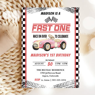 Fast One Race Car Girl 1. Geburtstag Party Einladung