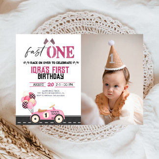 Fast One Race Car Girl's 1st Birthday Party Photo Einladung