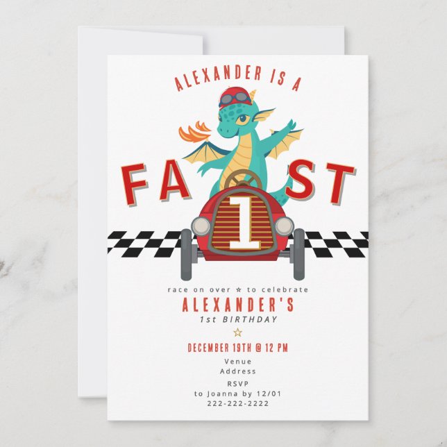 Fast One Race Car Racing Car Dragon 1st Birthday Einladung (Vorderseite)