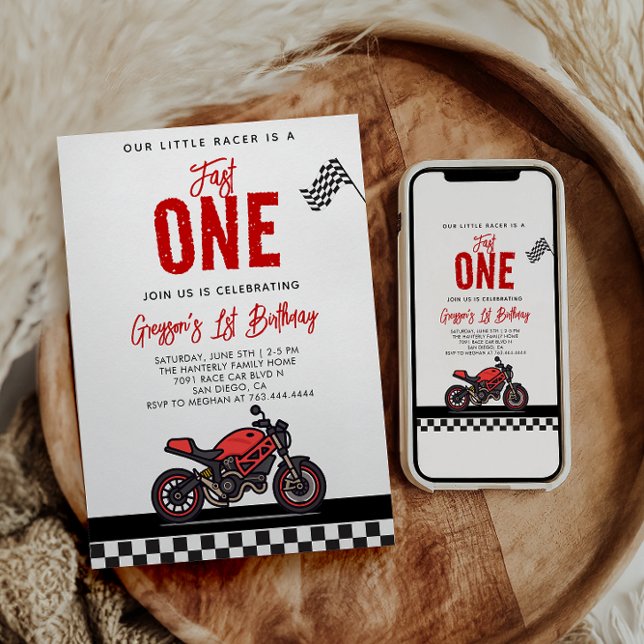 Fast One Race Motorcycle 1st Birthday Party Einladung (Von Creator hochgeladen)
