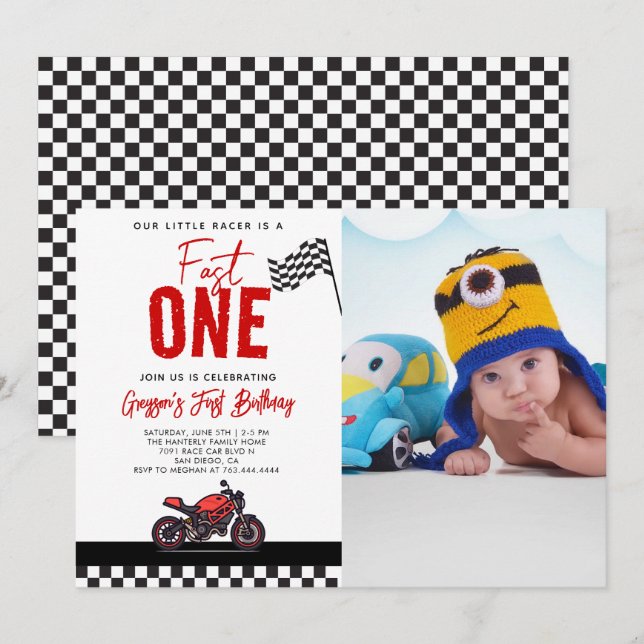 Fast One Race Motorcycle Photo 1st Birthday Party Einladung (Vorne/Hinten)