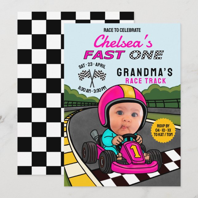 Fast ONE Racer Pink Birthday  Einladung (Vorne/Hinten)