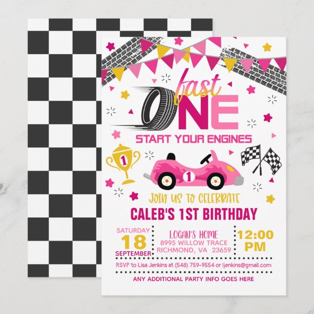 Fast One Racing First Birthday Invitation - Girl (Devant / Derrière)