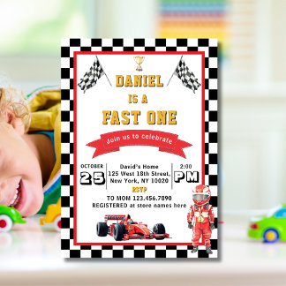 Fast One Racing Theme Checkered Flag Birthday Einladung