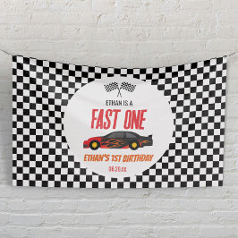 Fast One Red Flame Race Car 1st Birthday Party Banner