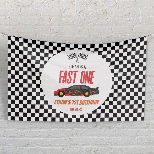 Fast One Red Flame Race Car 1st Birthday Party Banner (Von Creator hochgeladen)