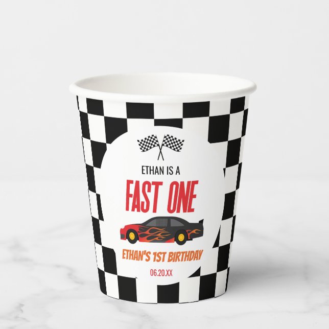 Fast One Red Flame Race Car 1st Birthday Party Pappbecher (Vorderseite)