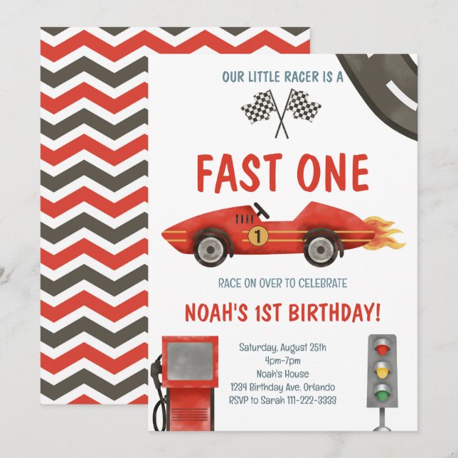 Fast One Red Race Car 1er Invitation anniversaire (Devant / Derrière)