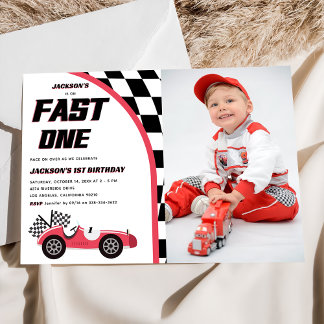 Fast One Red Race Car Birthday Party Foto Einladung