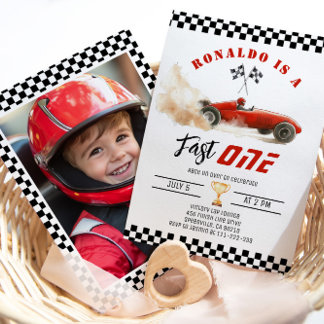 Fast One Red Race Car Boy 1. Geburtstag Foto Einladung