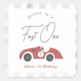 Fast One Red Race Car Boy 1st Birthday Quadratischer Aufkleber