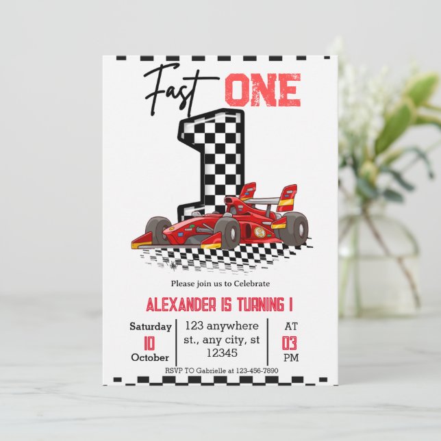  Fast One Speed Red Race 1st Birthday Boy Einladung (Stehend Vorderseite)