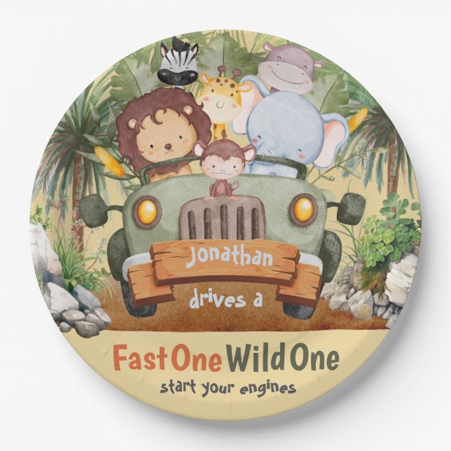 Fast One Wild One Safari Animals Auto 1. Geburtsta Pappteller (Vorderseite)