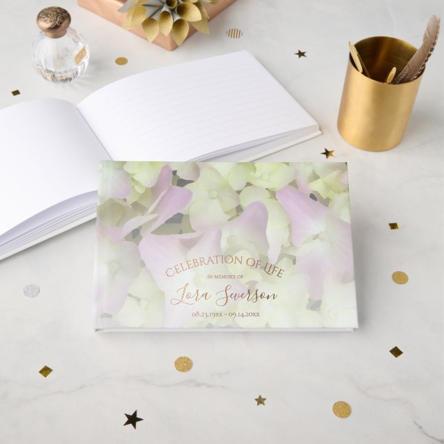 Fast Pink Hydrangea Feier zum Gedenken an das Lebe Gästebuch (Vorderseite Offen)