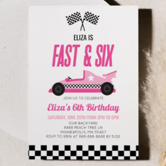 Fast & Six Pink Race Car 6. Geburtstagsparty Einladung