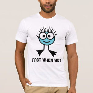 Fasten Sie, wenn naß - blauer Schwimmen-Charakter T-Shirt