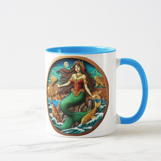 Faszinierende Meerjungfrau auf einem Felsen unter  Tasse (Rechts)
