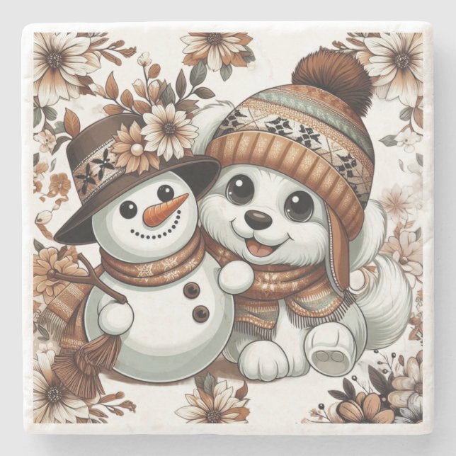 Faszinierendes Winter-Wunderland: Adorable Hunde Steinuntersetzer (Vorderseite)