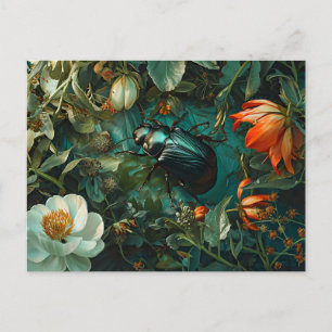Fat Dung Käfer zwischen Dahlia Blooms Illustration Postkarte