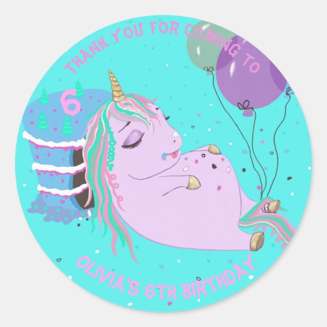 Fat Unicorn Cake Personalisiert Niedlich Runder Aufkleber (Vorderseite)