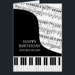 Father in Law Piano and Music Birthday<br><div class="desc">A birthday card for a father-in-law who is into piano music. An Grand Piano with the keys along the bottom of the card. A sheet of music fills the background. Great card for someone who loves music. This is NOT a musical card,  it does NOT play music:</div>