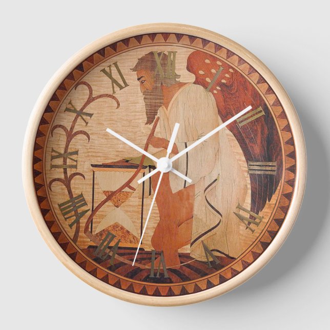 Father Time Wall Clock with Natural Wood Frame Uhr (Vorderseite)