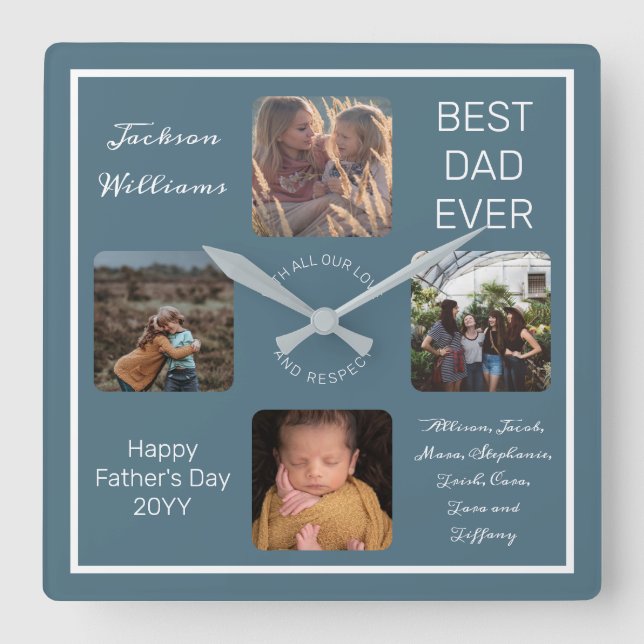 Fathers Day Best Dad Ever Blue Four Photo Quadratische Wanduhr (Vorderseite)