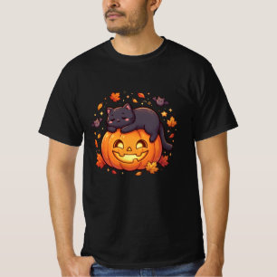 Fauler schwarzer Halloween-Kürbis mit Katze T-Shirt