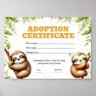 Faultier adoptieren ein Haustier Zertifikat editie Poster