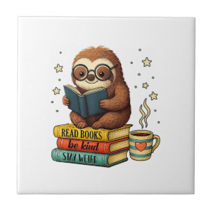 Faultier Bücherwurm liest Bücherei Buch Fliese
