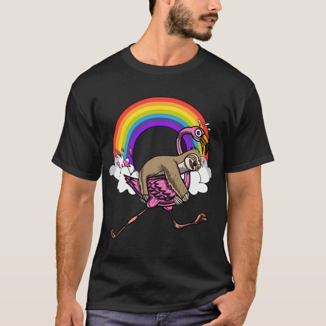 Faultier reitet Flamingovogel T-Shirt (Vorderseite)