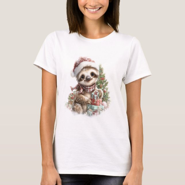 Faultier-Shirt Weihnachten Santa-Hut T-Shirt (Vorderseite)