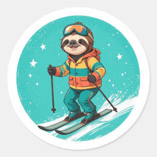 Faultier Skifahren - Lustiges Winter Faultier Bis  Runder Aufkleber