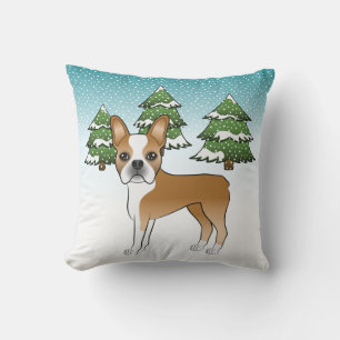 Fauna und White Boston Terrier in einem Winterwald Kissen