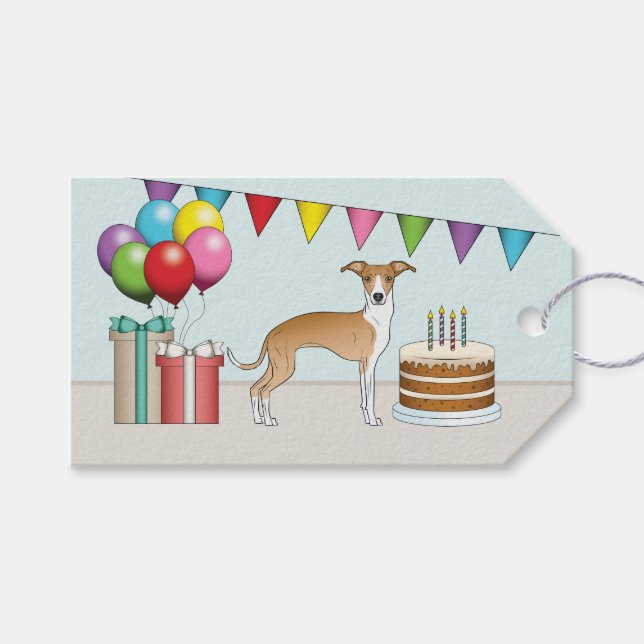 Fauna und White Italian Greyhound farbenfrohe Gebu Geschenkanhänger (Vorderseite (Horizontal))
