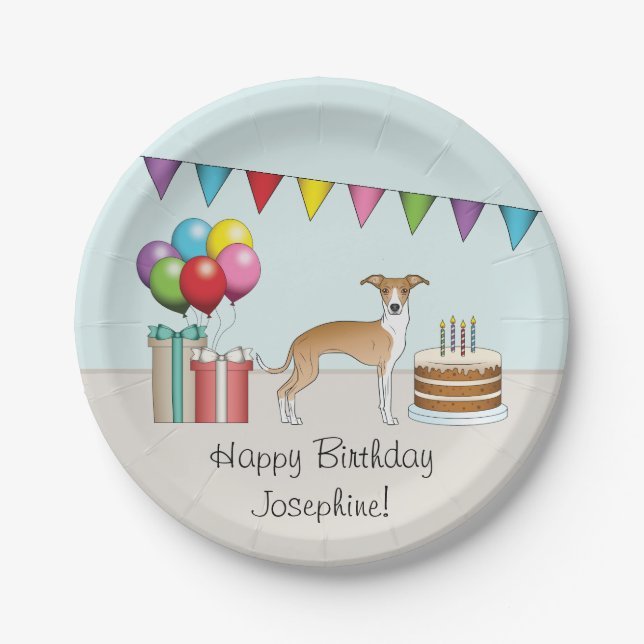 Fauna und White Italian Greyhound farbenfrohe Gebu Pappteller (Vorderseite)