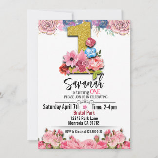 fausse or 1er anniversaire floral Invitation