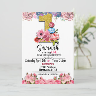 fausse or 1er anniversaire floral Invitation