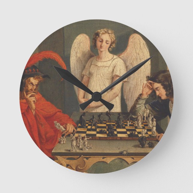 Faust und Mephistophelen Schachspielen Runde Wanduhr (Vorderseite)