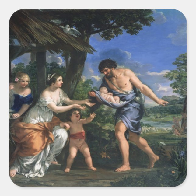 Faustulus betraut Romulus und Remus Quadratischer Aufkleber (Vorderseite)