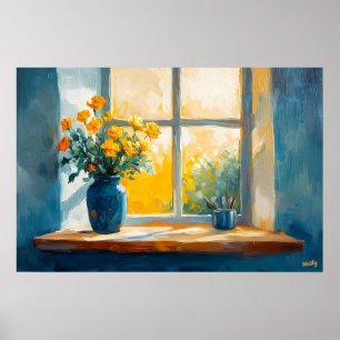 Fauvist Sunlit Window mit Blume - warm Zuhause Poster