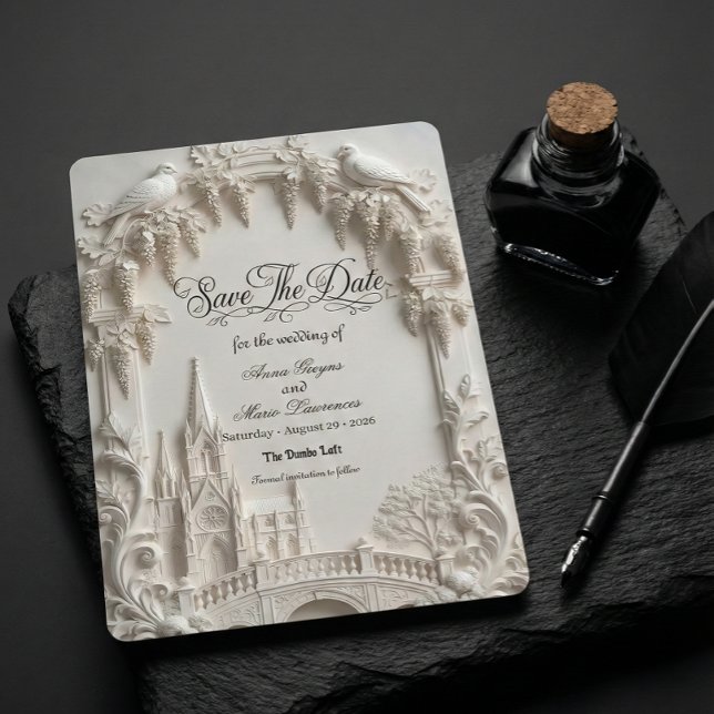 Faux 3D Embossed Relief Cream Baroque Cathedral Save The Date (Von Creator hochgeladen)